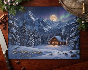 Tabla de cortar de vidrio personalizada, regalo navideño de montaña, decoración de cocina para cabaña de invierno, recuerdo familiar personalizado, regalo navideño para el hogar nevado