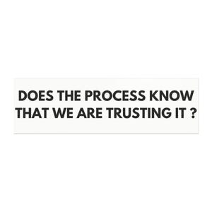 May include: A rectangular white sticker featuring the black text "DOES THE PROCESS KNOW THAT WE ARE TRUSTING IT ?" in a bold, sans-serif font. The design is centered on a plain white background, presenting a clear and legible message in black ink.