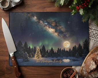 Tabla de cortar navideña personalizada con diseño de auroras boreales, regalo familiar con temática de la Vía Láctea, recuerdo invernal personalizado, decoración de cocina con diseño de auroras boreales, regalo navideño.
