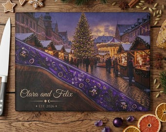 Tabla de cortar personalizada con diseño de mercado navideño, tabla de servir con diseño de pueblo navideño europeo, regalo personalizado para parejas, decoración navideña de invierno para la cocina.