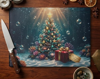 Tabla de cortar navideña personalizada con temática submarina, regalo navideño oceánico, recuerdo familiar personalizado, decoración de cocina costera, regalo navideño de vida marina