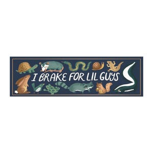 May include: A rectangular bumper sticker with a dark blue background featuring the white text I BRAKE FOR LIL GUYS. The design includes illustrations of a turtle, opossum, snake, snail, lizard, rabbit, bird, frog, raccoon, squirrel, and skunk.