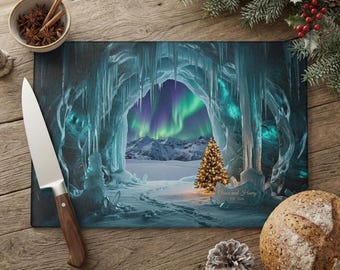 Tabla de cortar Aurora Winter personalizada, regalo navideño de auroras boreales, recuerdo personalizado para parejas, decoración de cueva de hielo, regalo navideño acogedor