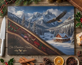 Tabla de cortar navideña personalizada con diseño de montaña, regalo navideño con forma de cabaña de águila, tabla rústica para servir en familia, decoración patriótica de invierno para la cocina.