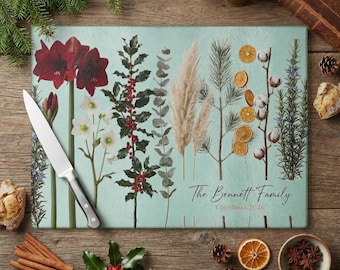 Tabla de cortar de vidrio personalizada, decoración navideña botánica, regalo navideño familiar personalizado, tabla de cocina con forma de flor de Pascua, recuerdo floral de invierno
