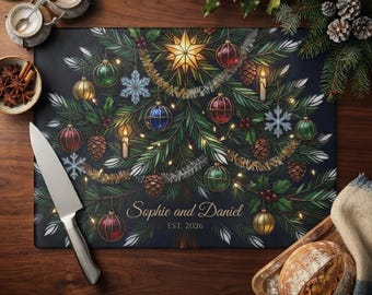 Tabla de cortar de vidrio personalizada, decoración navideña perenne, regalo navideño personalizado para parejas, recuerdo rústico de cocina de invierno, tabla de pino festiva