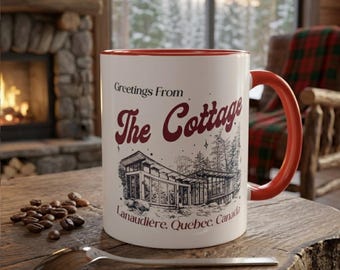 Taza "Saludos desde la cabaña", taza de café Lanaudière Quebec Canadá, taza de cerámica estilo cabaña retro vintage, regalo personalizado estilo cottagecore