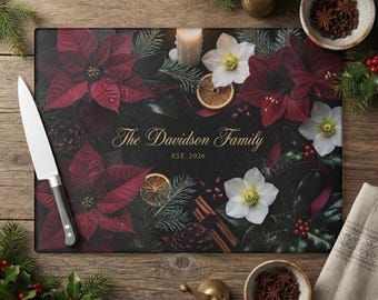 Tabla de cortar navideña personalizada, regalo navideño de flor de Pascua, recuerdo familiar personalizado, decoración floral para la cocina, regalo rústico para el hogar en invierno.