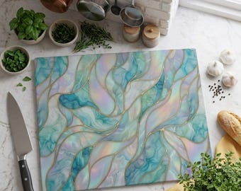 Tabla de cortar de perlas de cristal marino, decoración floral abstracta azul para la cocina, tabla de servir botánica turquesa, regalo para el hogar costero, arte elegante para la cocina