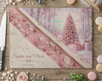 Tabla de cortar navideña rosa personalizada, tabla de servir romántica con temática invernal, regalo personalizado para parejas, decoración navideña rosa para la cocina.