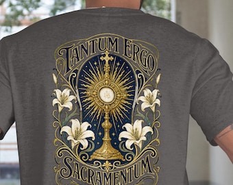 Katholiek T-shirt, Tantum Ergo Sacramentum Monstrance print, kledingstuk geverfd T-shirt