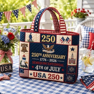 Quilted Patchwork Printed Tote Bag, Patriotic American Flag Shoulder Bag, USA Tote, 1776 Bag, America 250 Years