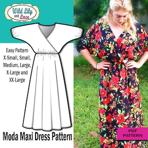 PDF MAXI DRESS Pattern, batwing sleeve dress,  elastic waist dress pattern, easy sewing pattern, women dress pattern