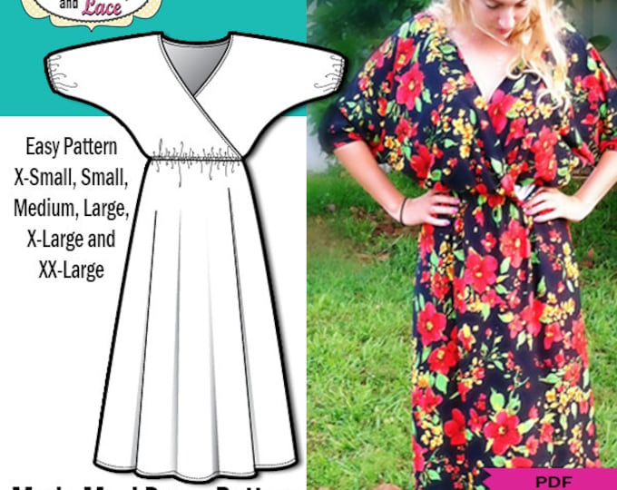 PDF MAXI DRESS Pattern, Batwing Sleeve Dress, Elastic Waist Dress
