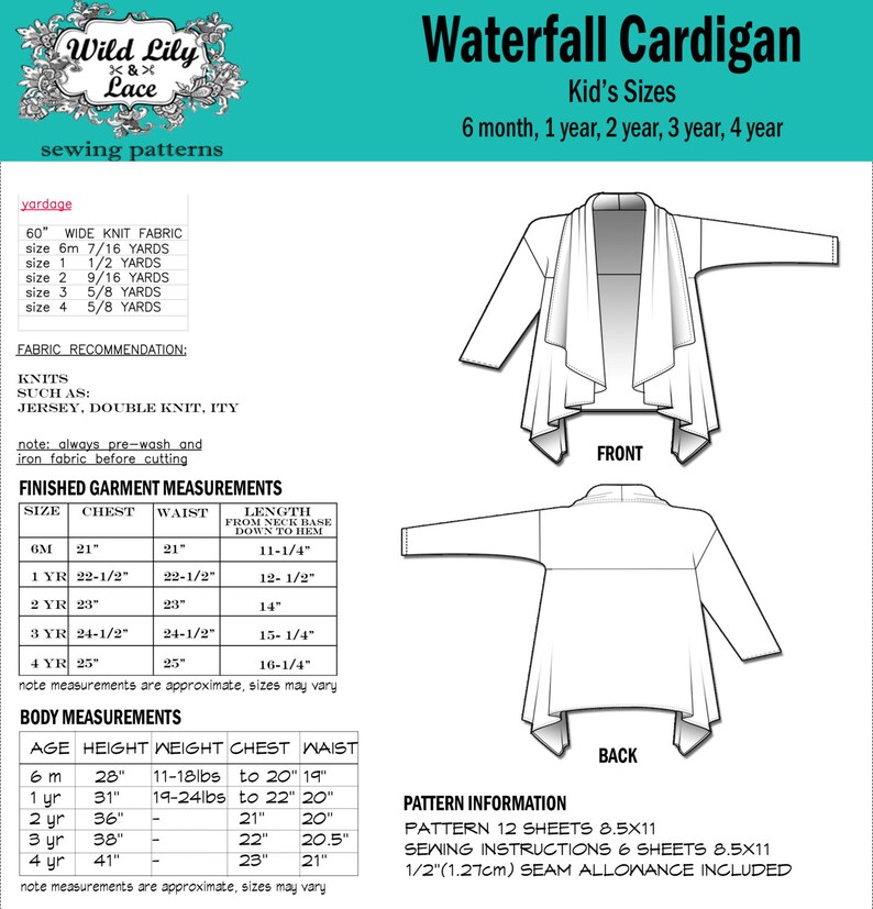 May include: A sewing pattern for a waterfall cardigan for children. The pattern includes instructions for sizes 6 months to 4 years. The pattern is printed on 12 sheets of 8.5 x 11 inch paper. The pattern includes a 1/2 inch seam allowance.