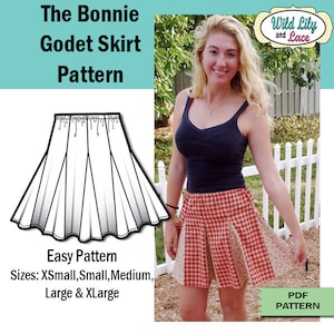 Puede incluir: Un patrón de costura digital para una falda Godet, llamada "The Bonnie", en tallas XS, S, M, L y XL. El patrón es fácil de seguir e incluye instrucciones para hacer una falda con un dobladillo fruncido y acampanado.