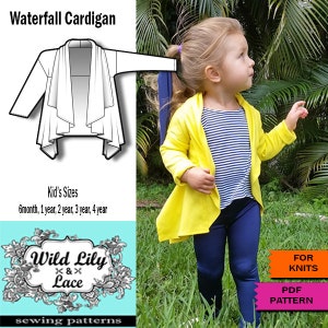 KIDS SEWING, PATTERN for Waterfall cardigan, kids cardigan, pdf pattern, easy pattern, pattern for knits,easy to sew pattern