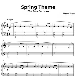 May include: Sheet music for Spring Theme from The Four Seasons by Antonio Vivaldi. The page displays black musical notation on a white background, including treble and bass clefs, time signatures, and tempo markings like Allegro, f, and p.