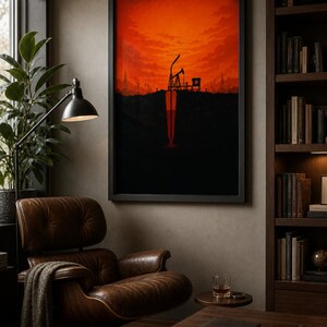Oil Rig Derrick Sunset Poster, Energy Sector Wall Art, Petroleum Investor Office Decor