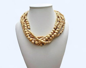 Multi Strand Wood Bead Necklace With Copper Accents Vintage