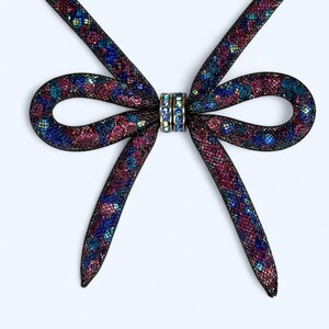 Vintage Betsey Johnson Dark Shadows Mesh Bow Collar Necklace with Multi Color Crystals