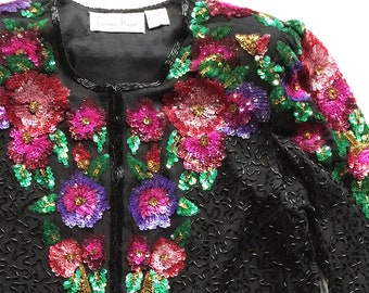 Vintage 1980s Sequined Silk Floral Jacket Lawrence Kazar NY