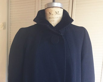 Vintage 1950s Navy Silk Faille Flared Coat Velvet Collar Warm Lining Italy
