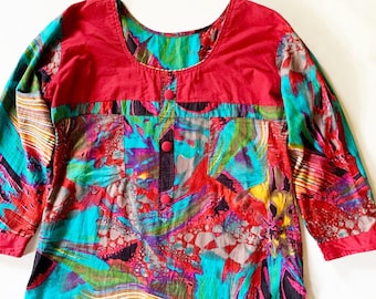 Vintage Vibrant Multi-Colored Cotton LS Tunic Festival