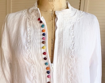 White Linen Zip Front Tunic with Colored Knot Buttons XS