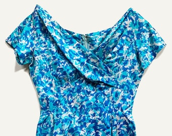 1960s Blue and Turquoise Floral Silk Sheath