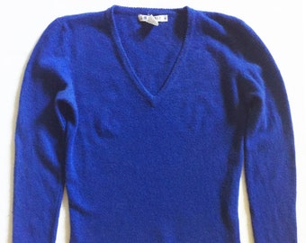 1970s Angora Blend Cobalt Blue V Neck Sweater I Magnin