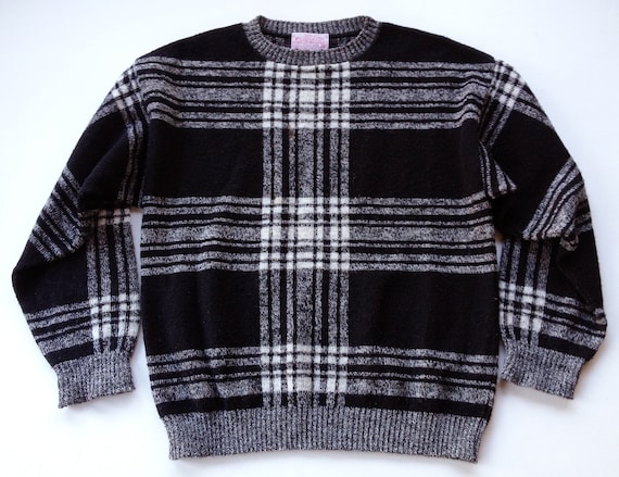 1980s Pendleton Black and White Wool Plaid Sweater - image 1