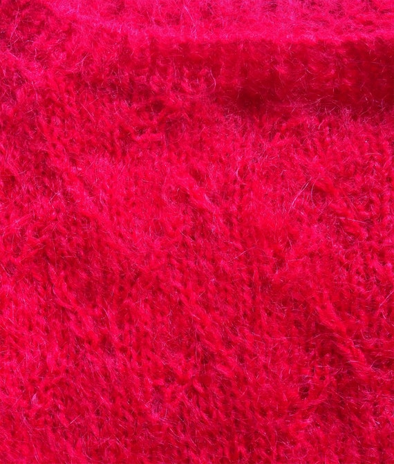 1980s Tomato Red Hand Knit Mohair Sweater Lattice… - image 5