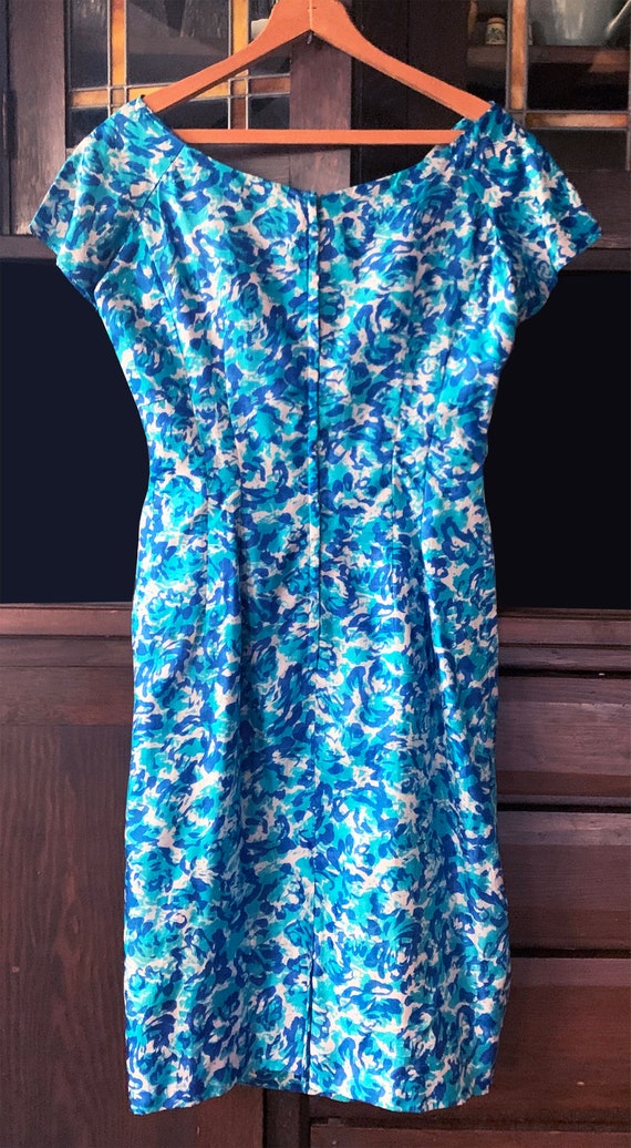 1960s Blue and Turquoise Floral Silk Sheath - image 7