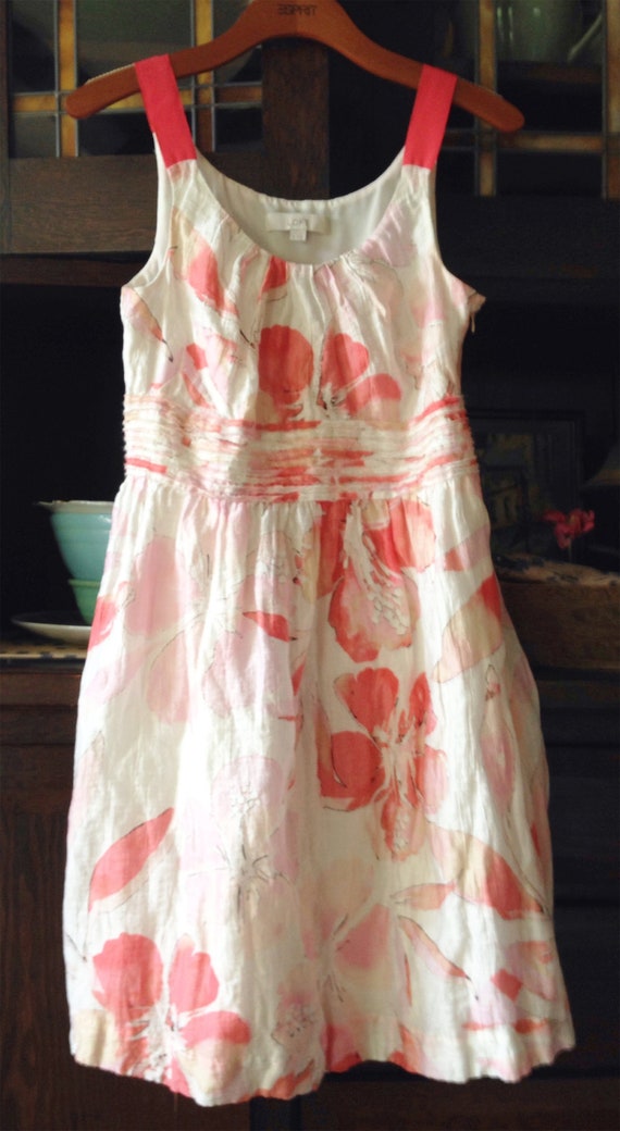 Coral and White Watercolor Floral Linen Blend Dre… - image 1