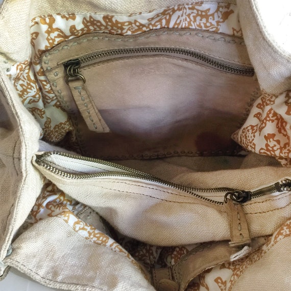 Vintage Linen and Leather Hobo Bag 49 SQ MILES SF - image 7