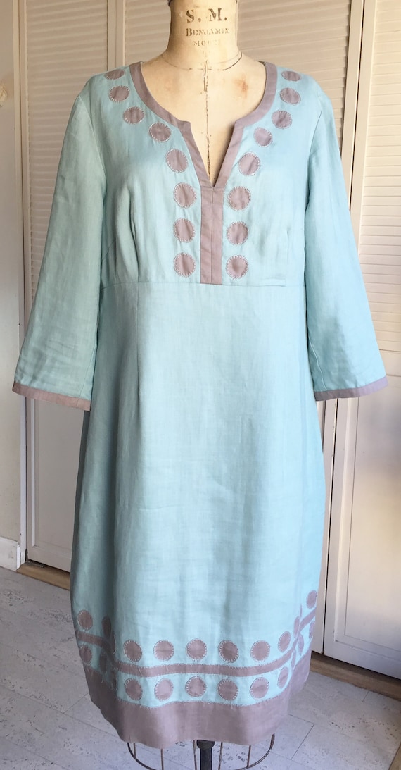 Vintage Aqua Linen Dress Hand-Appliqued by Boden