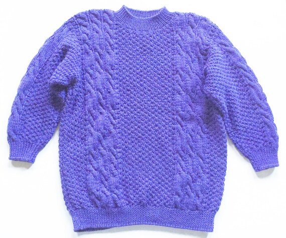 Vintage 1980s Long Purple Wool Aran Hand Knit Swea