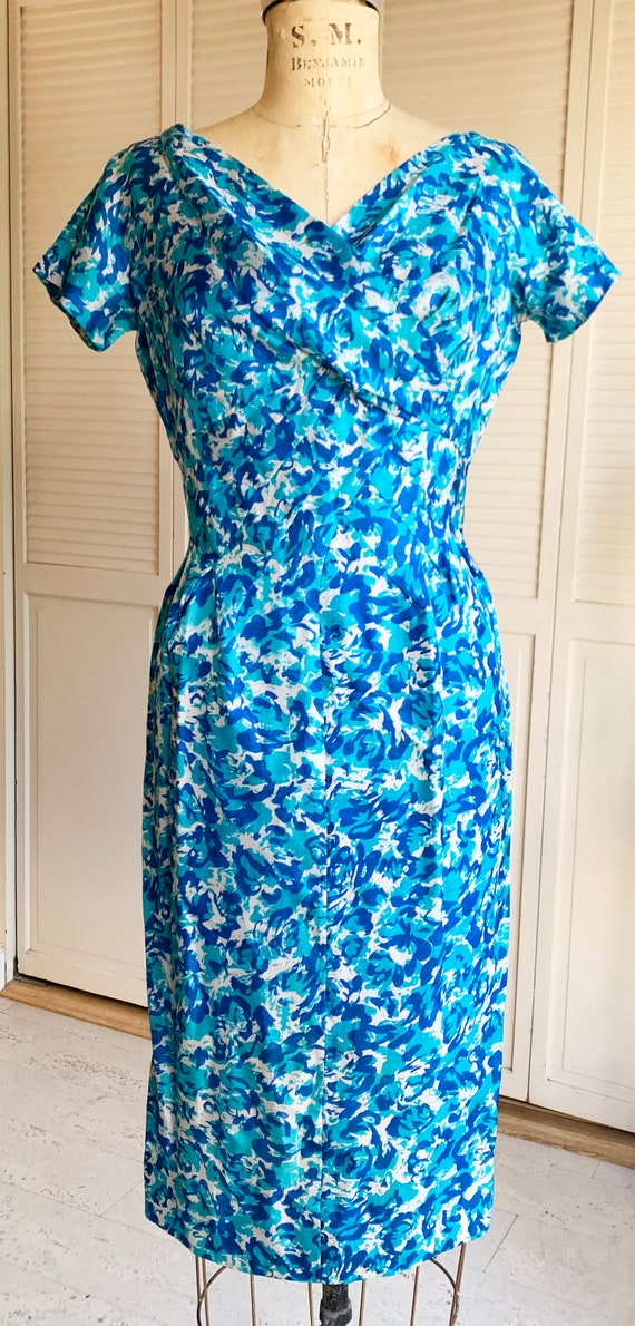 1960s Blue and Turquoise Floral Silk Sheath - image 3