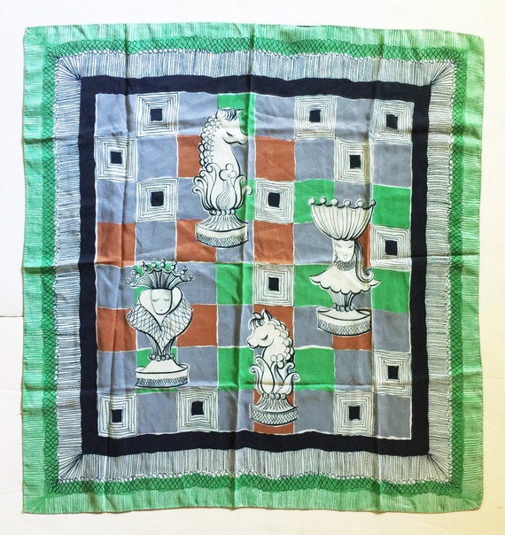 1950s Silk Scarf Animated Chess Pieces - image 1