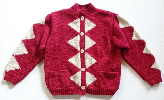 1940s Red Diamond Wool Hand Knit Cardigan