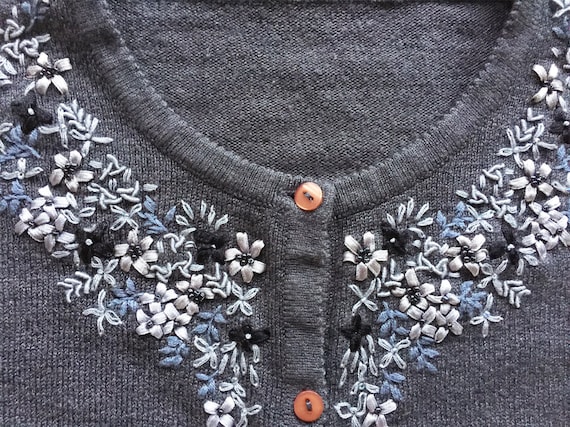 Charcoal Grey Wool Blend Ribbon Embroidered Cardi… - image 1