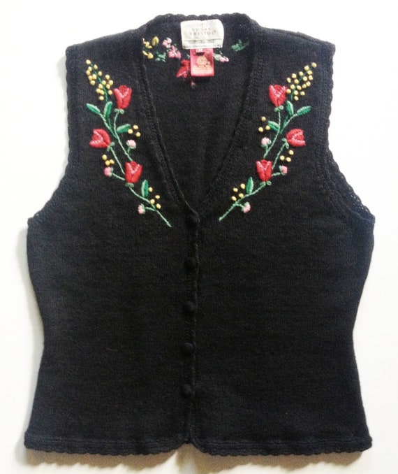 Vintage Black Wool Handknit Sweater Vest With Floral | Etsy