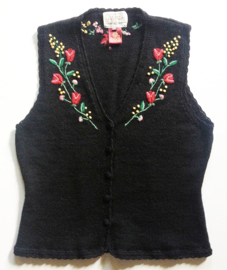 Vintage Black Wool Handknit Sweater Vest With Floral - Etsy
