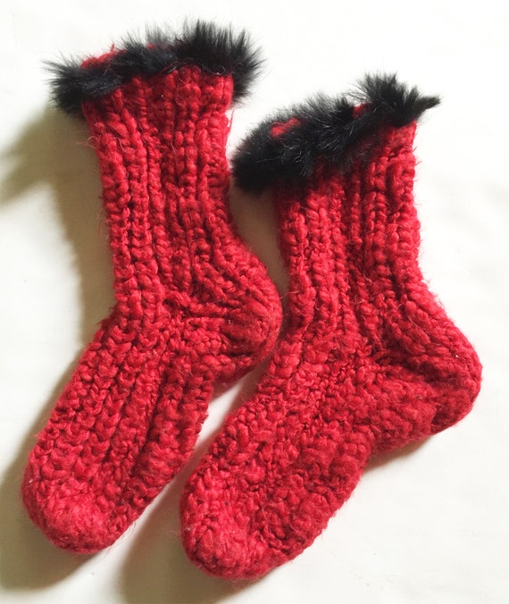 Red Hand Knit Knit Sox with Black Fur Trim - image 2