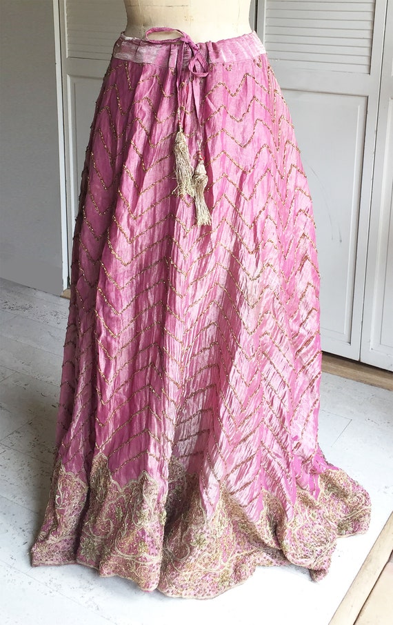 Indian Wedding Skirt Pink Silk with Metallic Embel