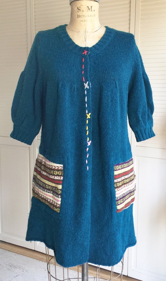 Teal Wool Hand Knit Sweater Coat with Hand Stitch… - image 5