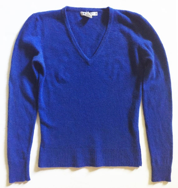 1970s Angora Blend Cobalt Blue V Neck Sweater I Ma