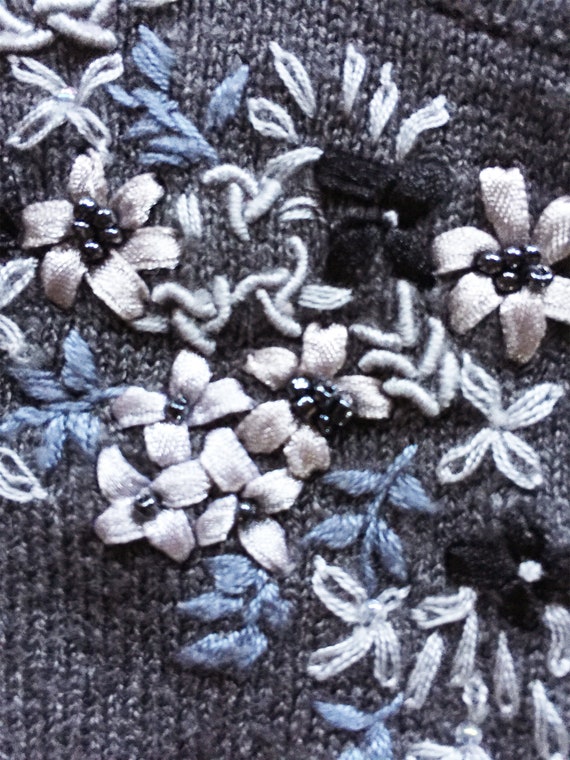 Charcoal Grey Wool Blend Ribbon Embroidered Cardi… - image 6