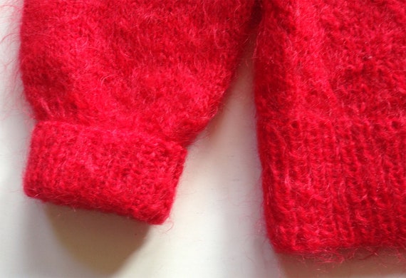 1980s Tomato Red Hand Knit Mohair Sweater Lattice… - image 6